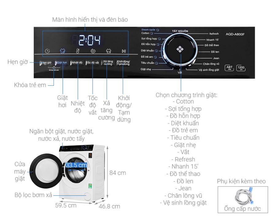 Tính năng nổi bật của máy giặt Aqua Inverter 8 KG AQD-A800F.W